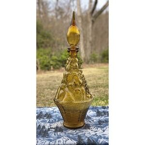 Vintage Italian Amber Glass Fruit Basket Genie Bottle Decanter Flame Stopper MCM